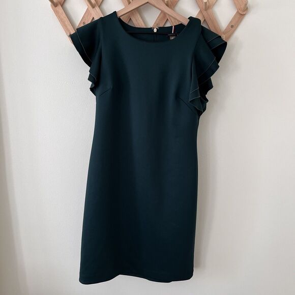 Tommy Hilfiger Forest Green Stretch Pencil Dress Size 12 Ruffle Cap Sleeve - Picture 3 of 8